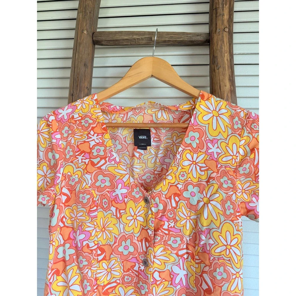 Vans Floral Button Front Mini Dress XS Orange Yellow Retro 70s‎ Style